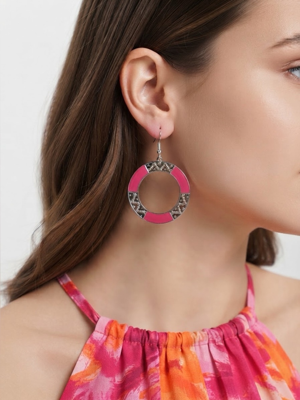 Pink Enamel Hoop Dangle Earrings | Silver Tone Geometric Lightweight Earrings